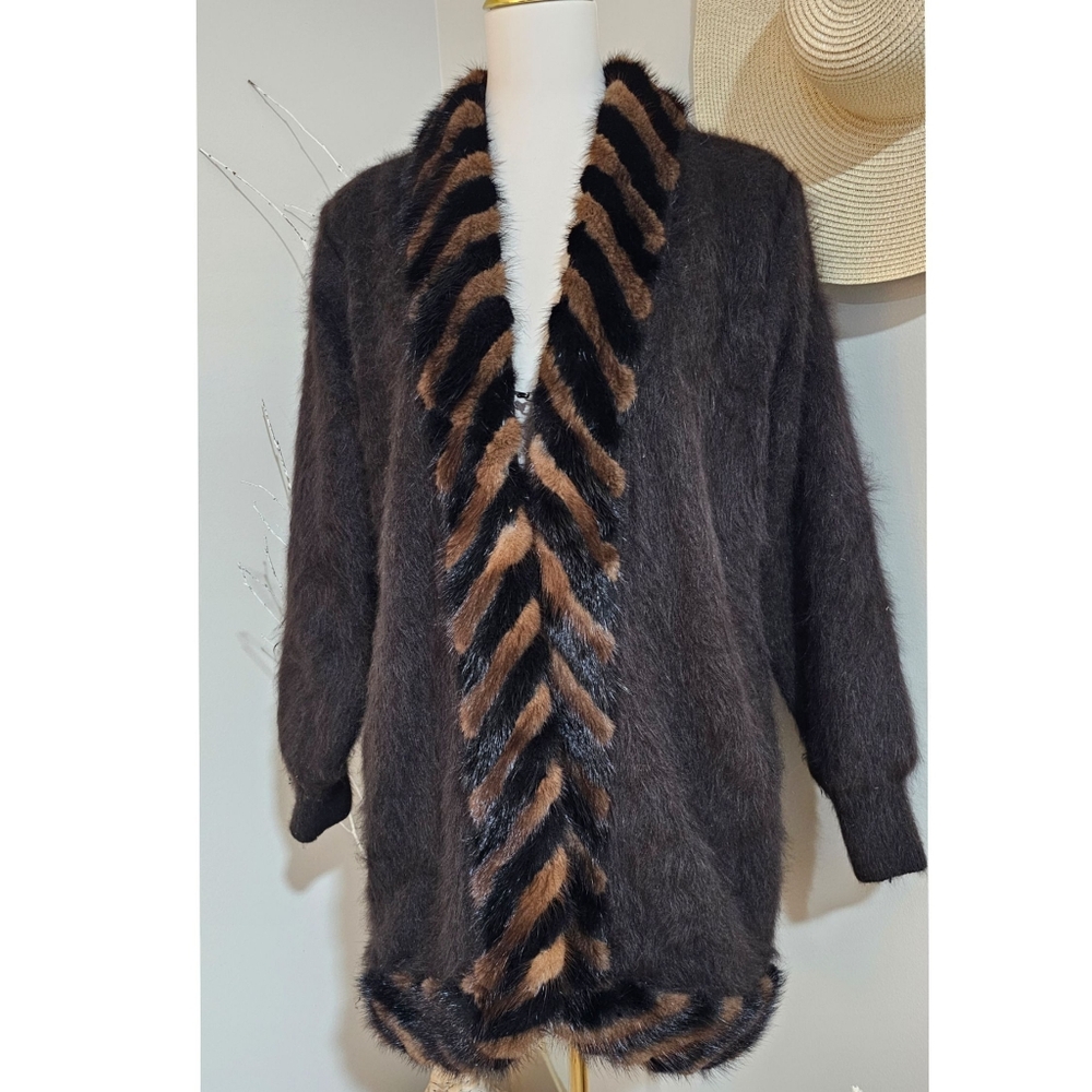 Vintage Venesha High Quality Angora Brown Real Mink Trim Sweater Coat